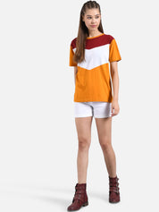 Kotty Women Mustard Yellow & White Colourblocked Boat Neck T-shirt