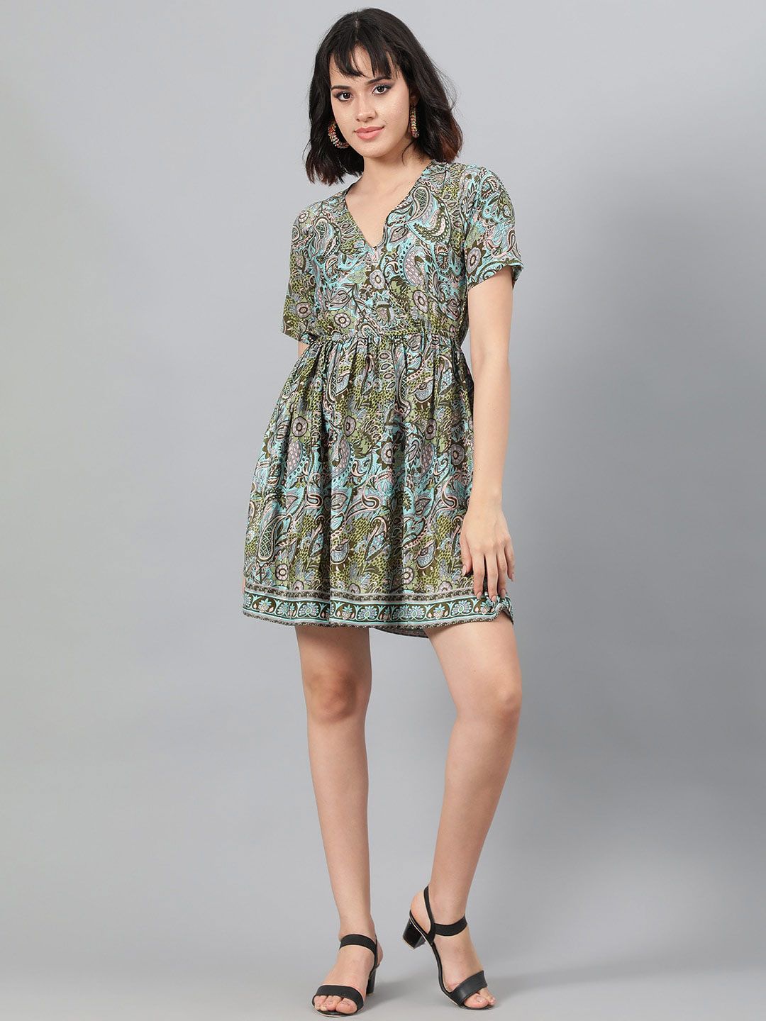 Kotty Green Ethnic Motif Printed Fit & Flare Mini Dress