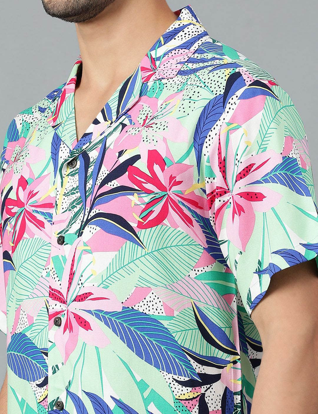 Kotty Men Cuban Collar Floral Printed Casual Shirt