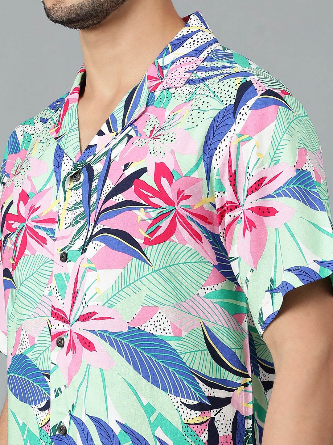 Kotty Men Cuban Collar Floral Printed Casual Shirt