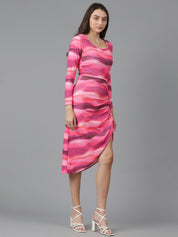 Kotty Printed Round Neck Three-Quarter Sleeves A-Line Midi Dress