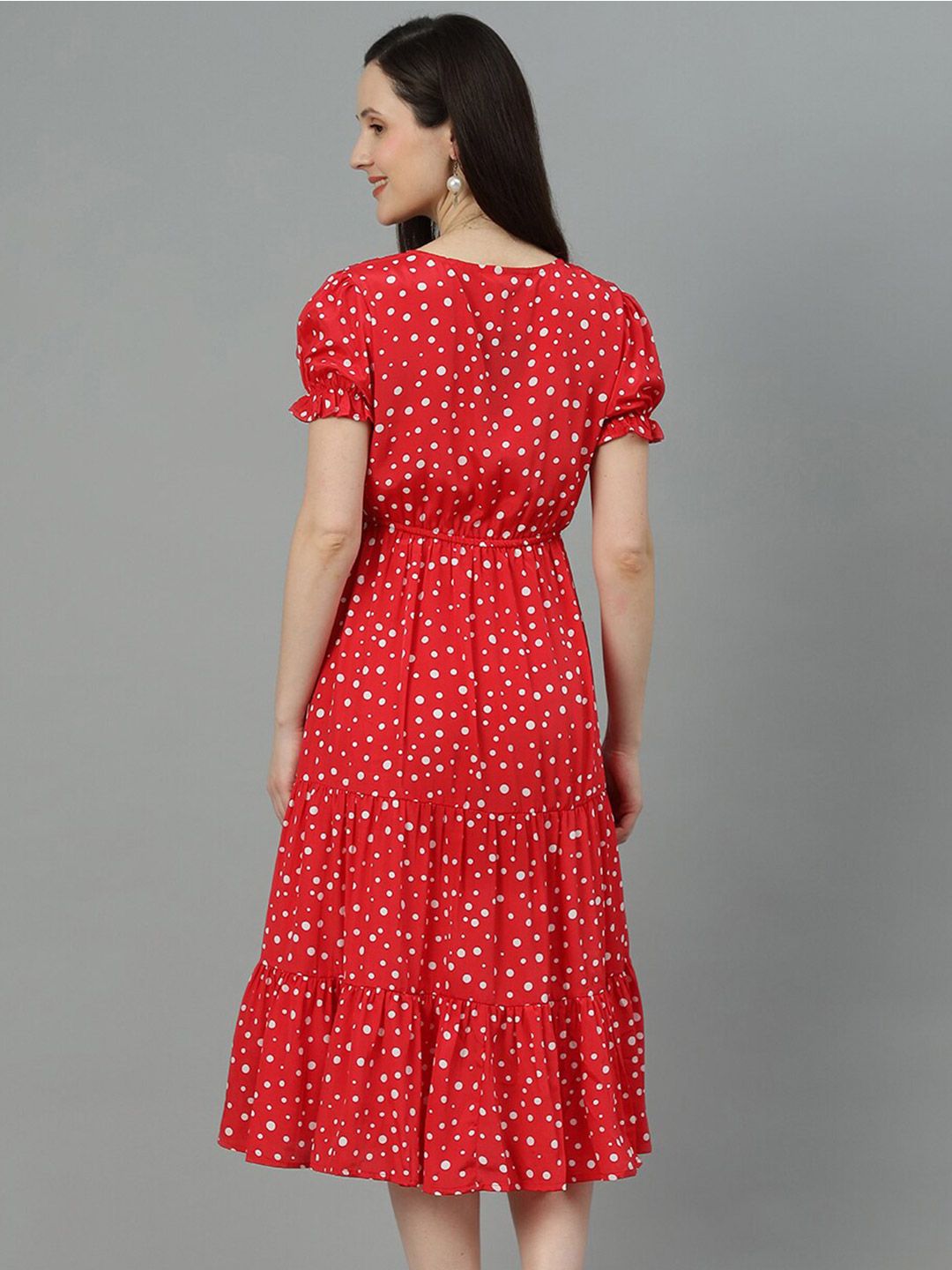 Kotty Red Polka Dot Print Puff Sleeve Fit & Flare Midi Dress