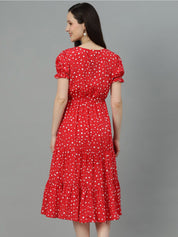 Kotty Red Polka Dot Print Puff Sleeve Fit & Flare Midi Dress