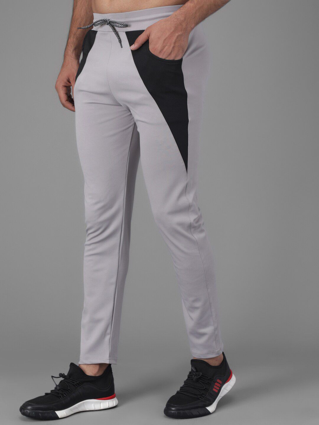 Kotty Men Grey & Black Colourblocked Straight Fit Track Pants