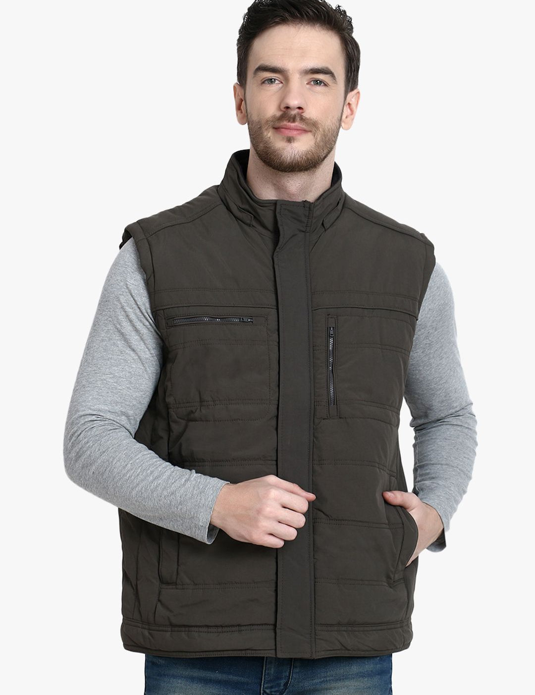 Kotty Men Olive Green Solid Padded Sleeveless Jacket