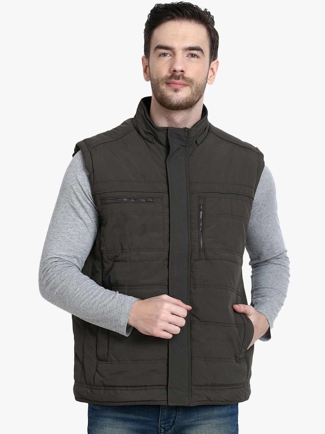 Kotty Men Olive Green Solid Padded Sleeveless Jacket