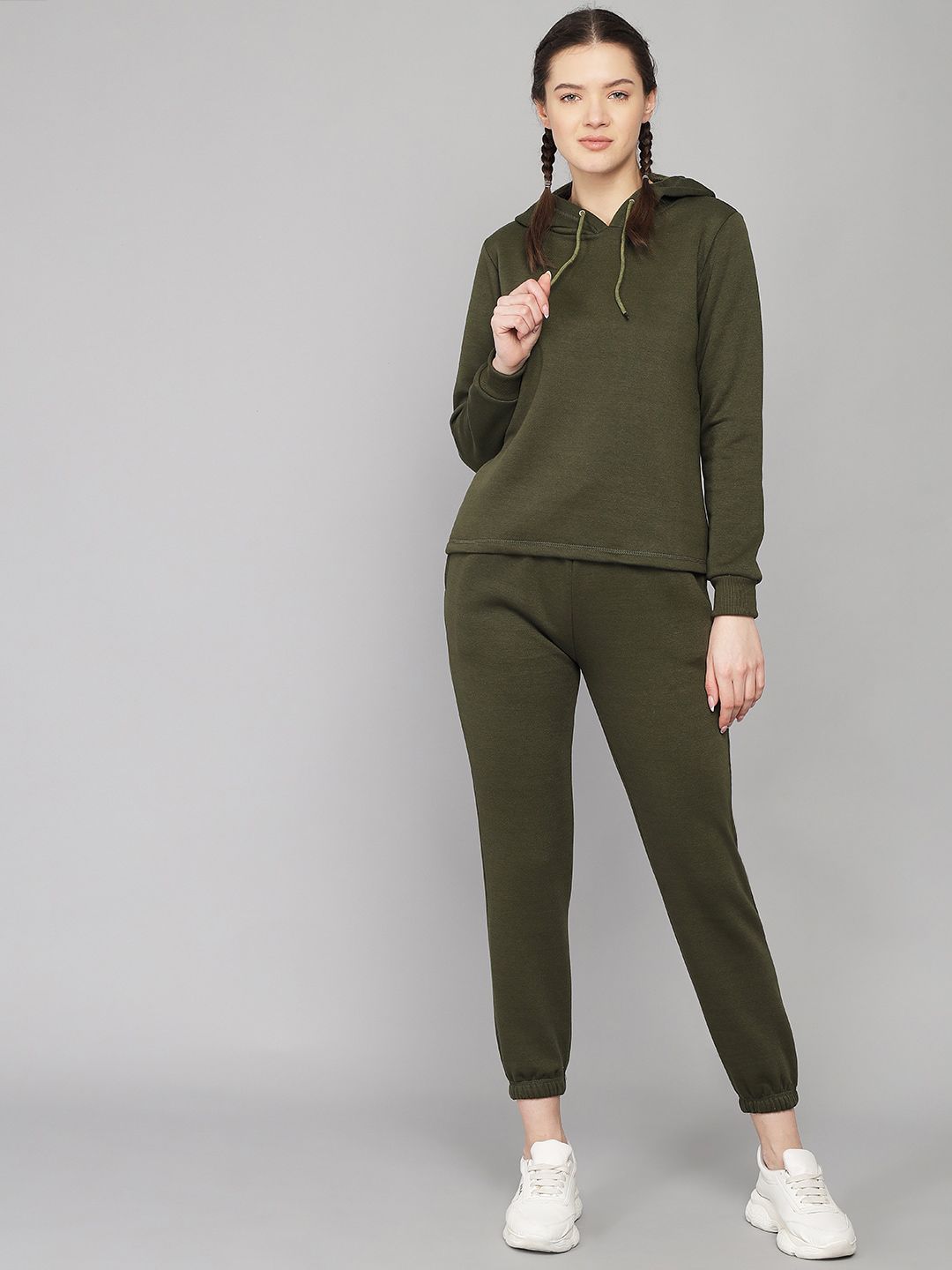 Kotty Women Olive Solid Sweatshirt With Sweatpant