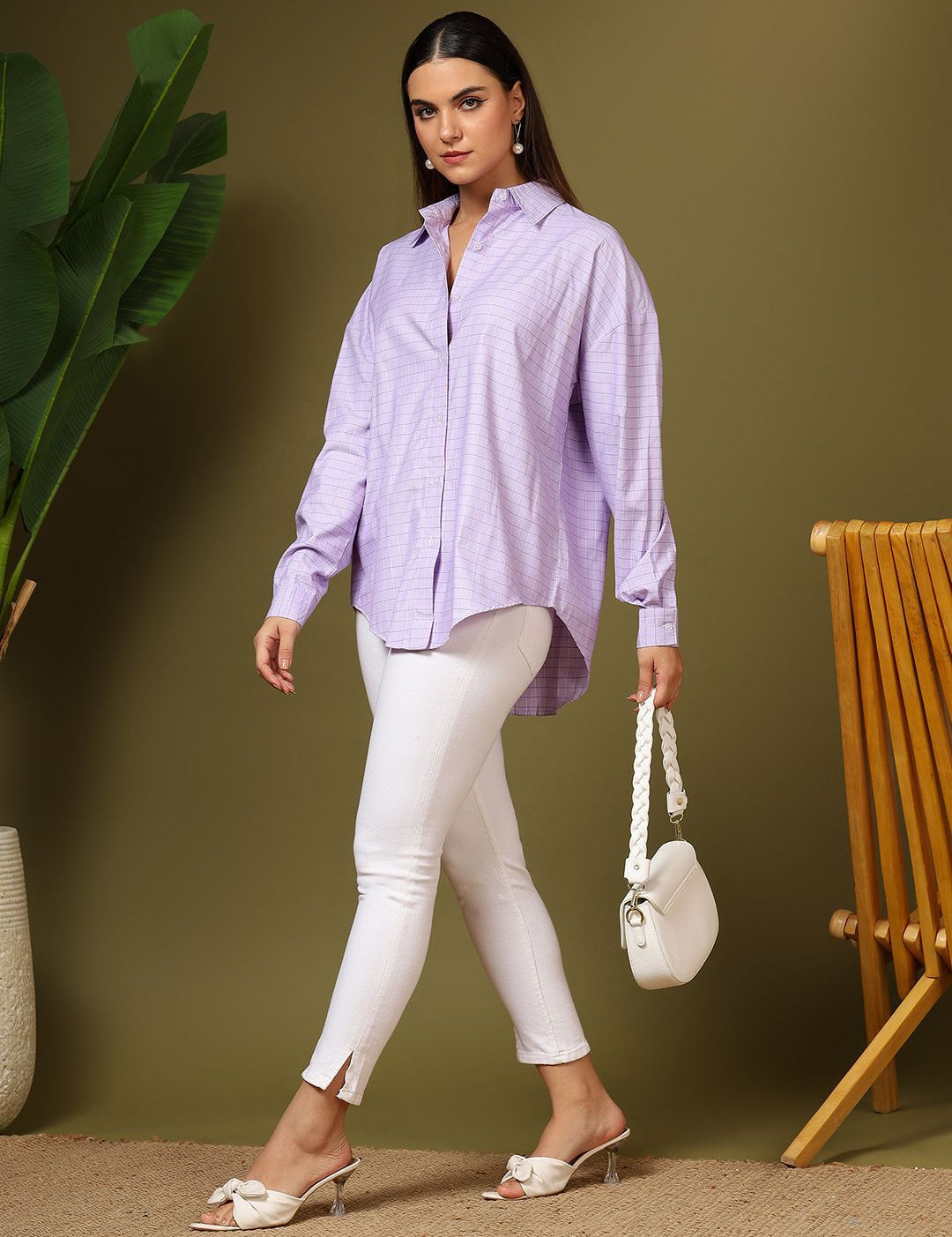 Kotty Women Relaxed Fit Spread Collar Grid Tattersall Checked Cotton Casual Shirt