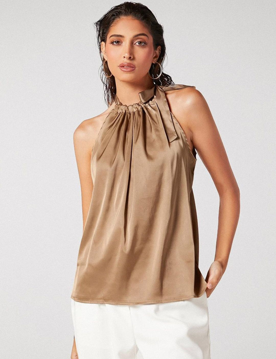 Kotty Brown Tie-Up Neck Sleeveless Satin Top
