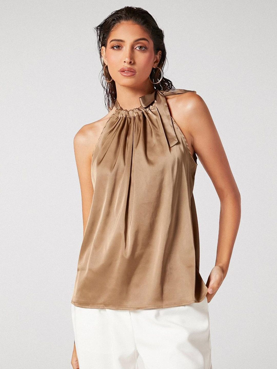 Kotty Brown Tie-Up Neck Sleeveless Satin Top