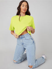 KOTTY Basics Yellow Round Neck Drop-Shoulder Sleeves Crop Oversized T-shirt