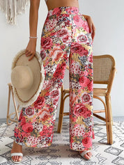 Kotty Women Pink Floral Printed Relaxed Flared High-Rise Easy Wash Trousers