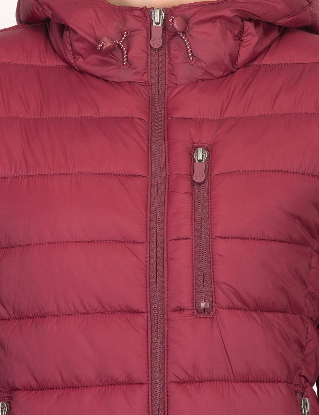Kotty Women Maroon Solid Insulator Hooded Puffer Jacket