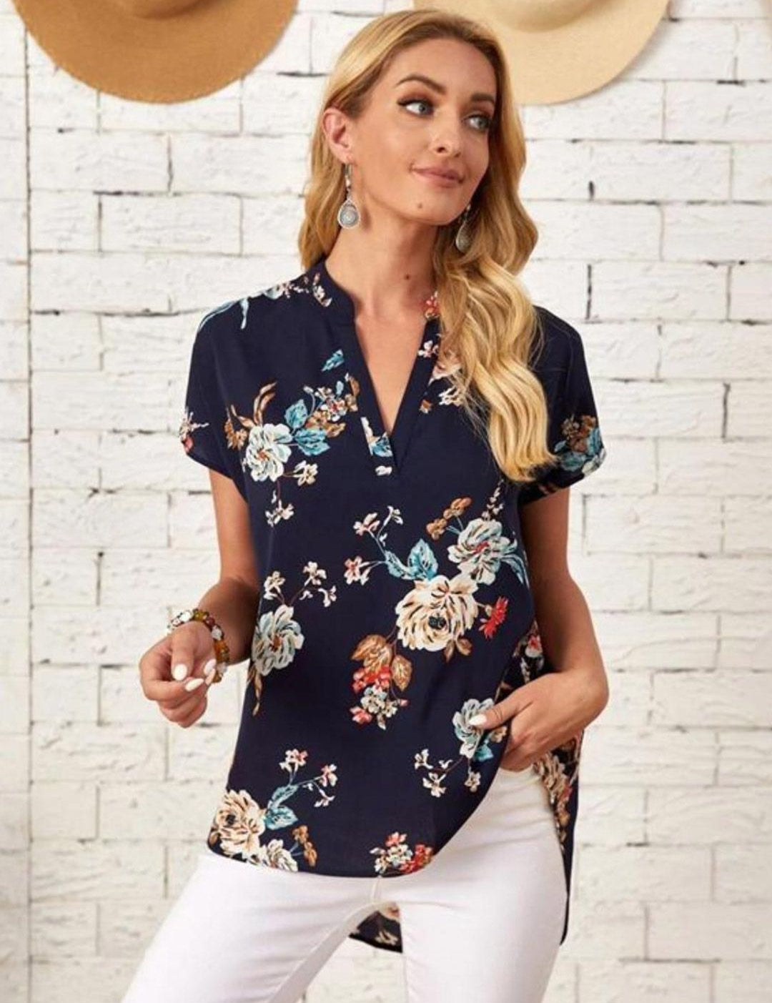 Kotty Navy Blue Floral Print Mandarin Collar Crepe Top