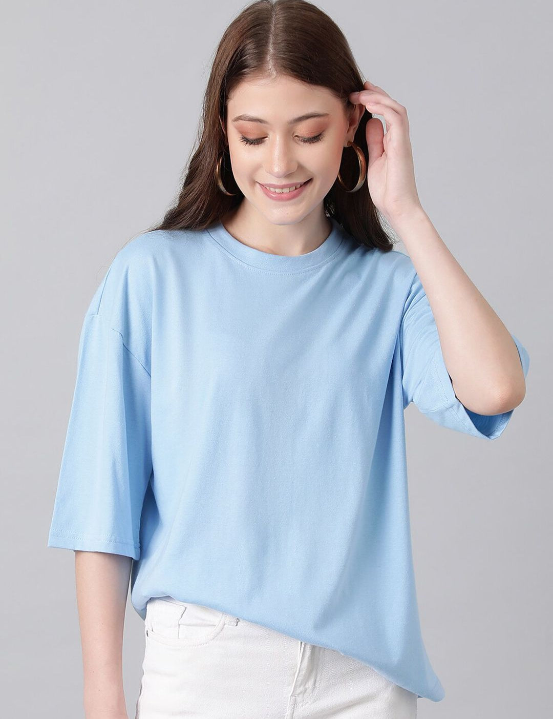 KOTTY Basics Blue Round Neck Oversized T-shirt