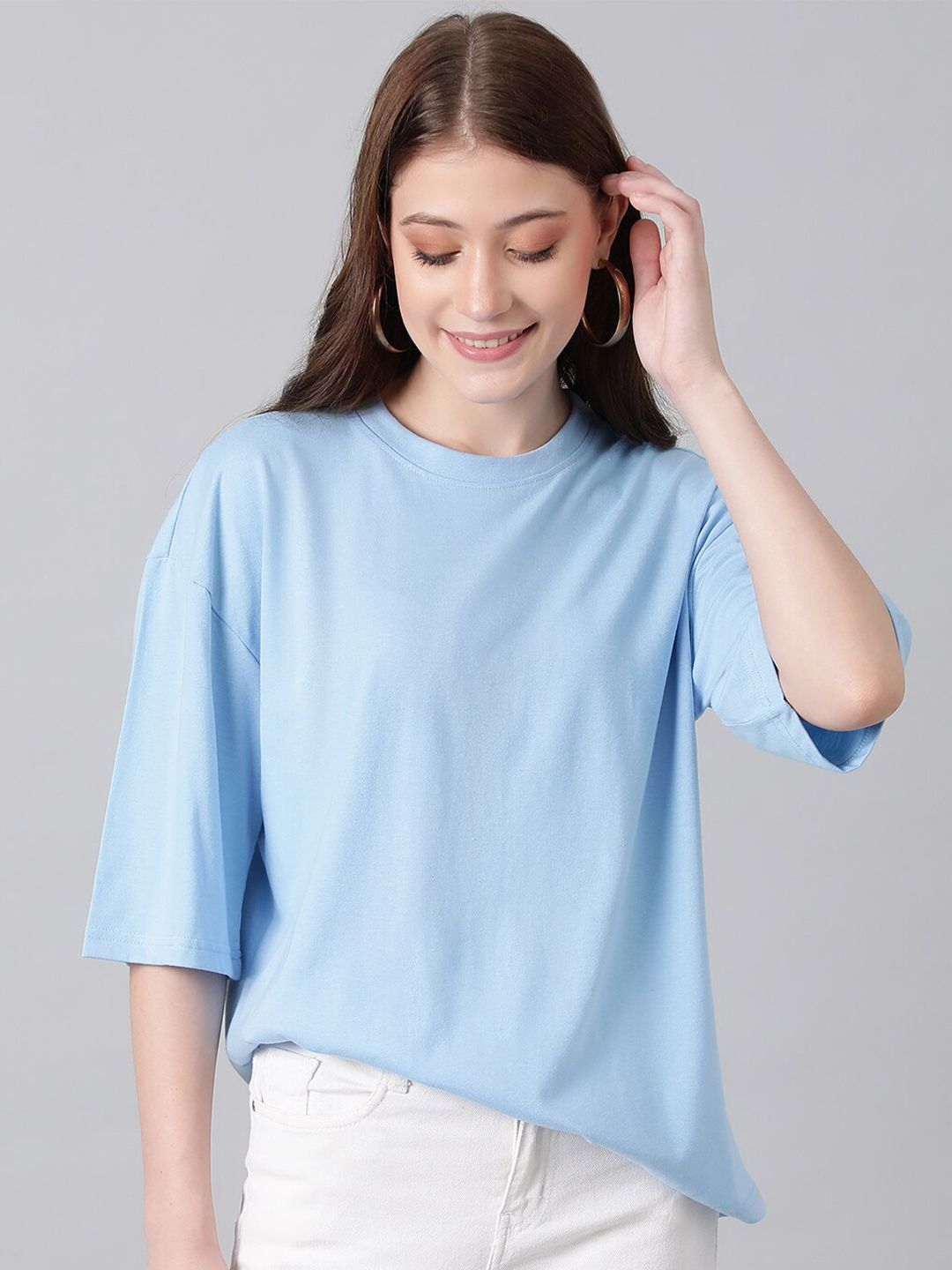 KOTTY Basics Blue Round Neck Oversized T-shirt