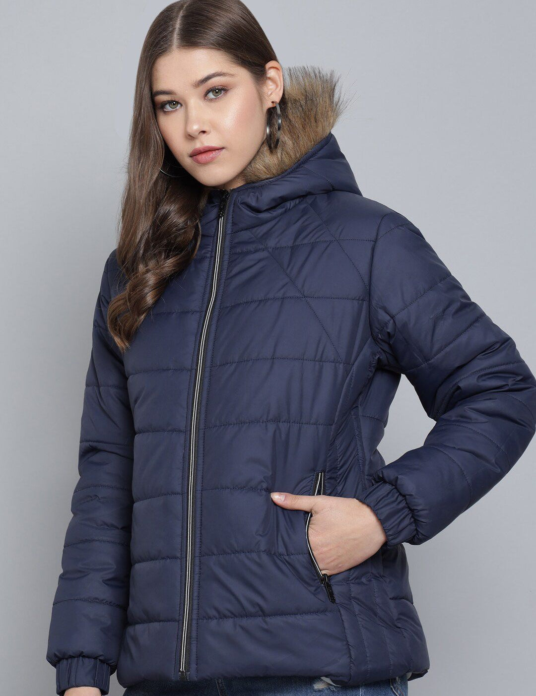 Kotty Women Navy Blue Floral Insulator Outdoor Puffer Jacket