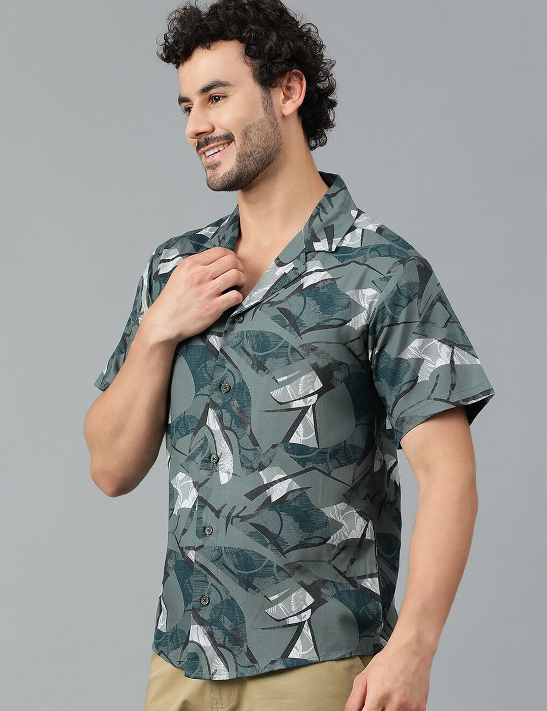 Kotty Men Cuban Collar Abstract Printed Casual Shirt