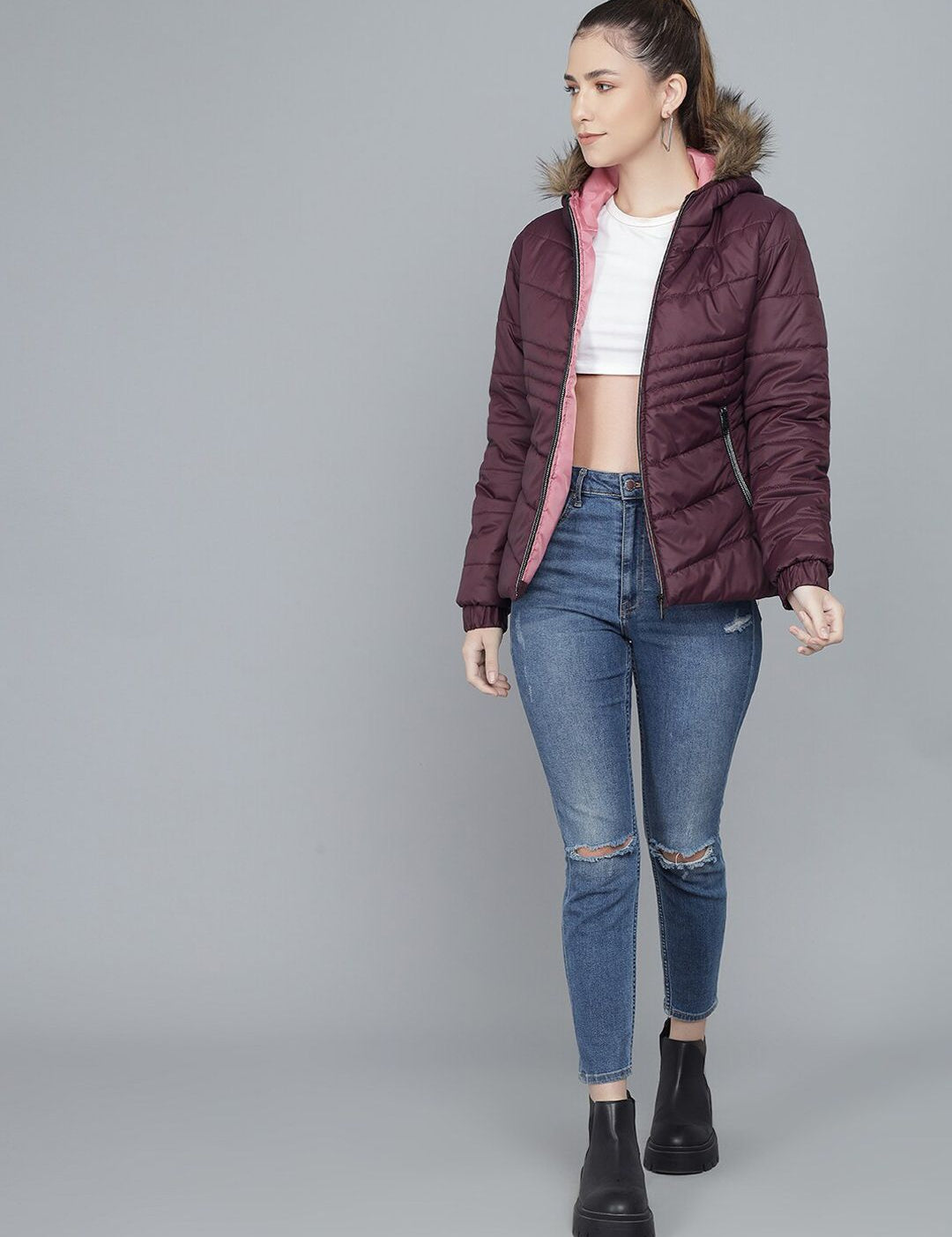 Kotty Women Purple Striped Lightweight Longline Puffer Jacket