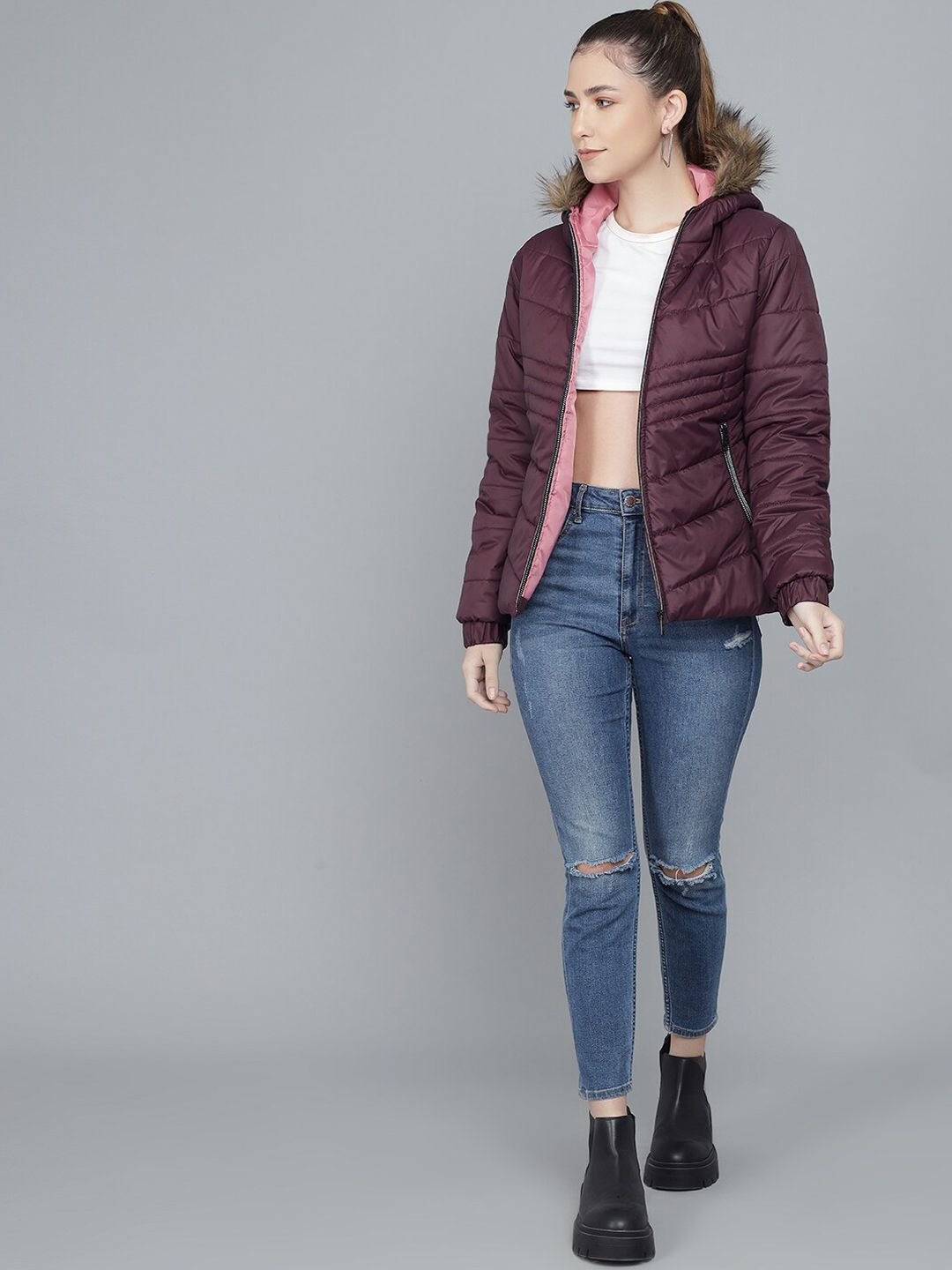 Kotty Women Purple Striped Lightweight Longline Puffer Jacket