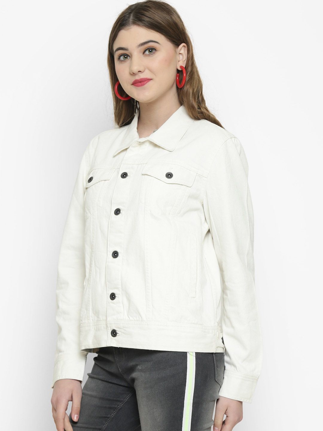 Kotty Women White Solid Denim Jacket