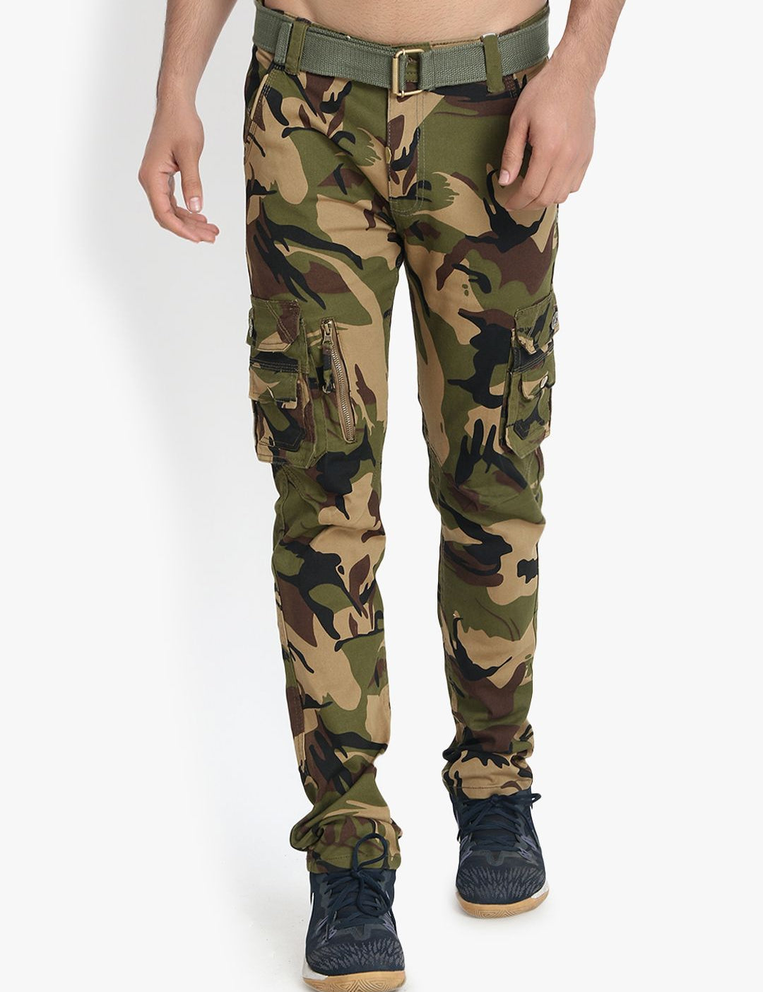 Kotty Men Olive Green & Brown Regular Fit Printed Cargos