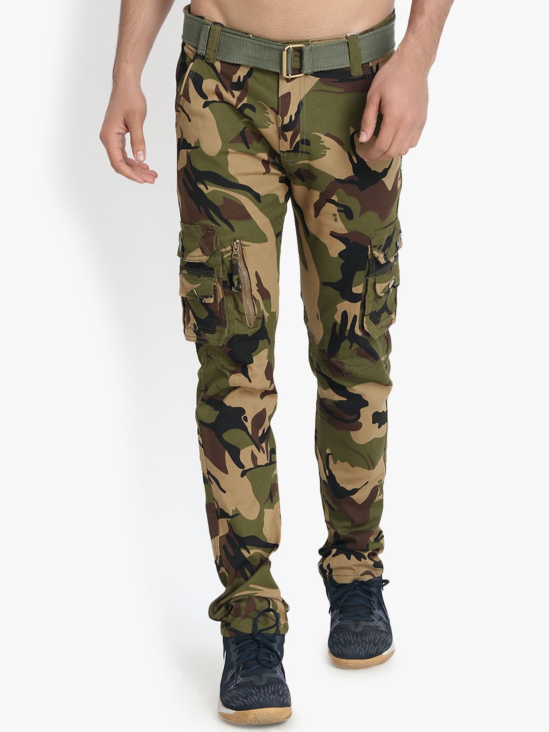 Kotty Men Olive Green & Brown Regular Fit Printed Cargos