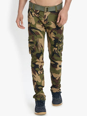 Kotty Men Olive Green & Brown Regular Fit Printed Cargos