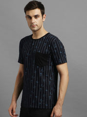 Kotty Men Navy Blue Striped V-Neck T-shirt