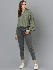 Kotty Women Spread Collar Vertical Striped Cotton Oversized Casual Shirt