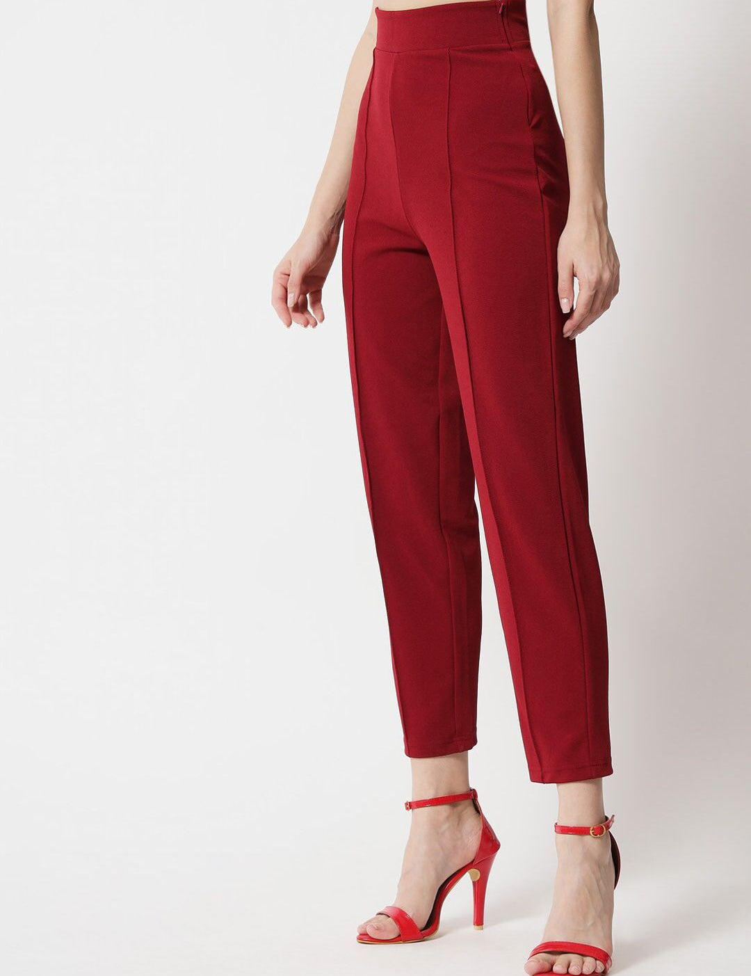 Kotty Women Maroon Cropped Relaxed Straight Fit High-Rise Easy Wash Pleated Trousers