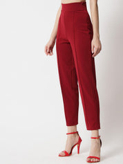 Kotty Women Maroon Cropped Relaxed Straight Fit High-Rise Easy Wash Pleated Trousers