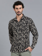 Kotty Black & Cream Abstract Printed Spread Collar Relaxed Fit Casual Shirt