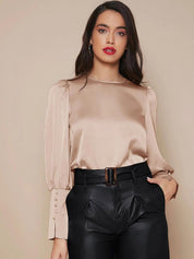 KOTTY BIZwear Beige Puff Sleeves Satin Top