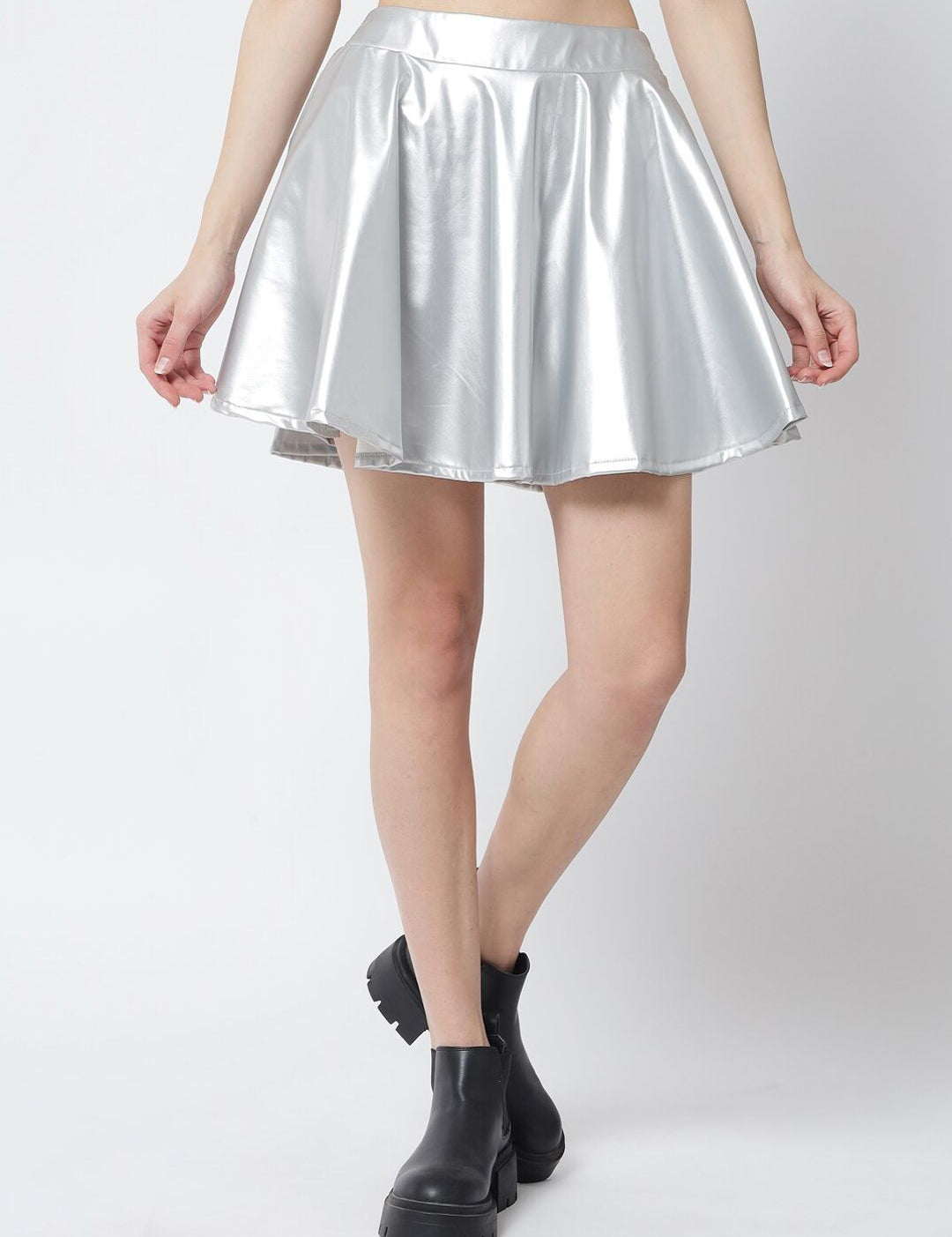 Kotty Women Silver Solid Flared Mini Skirt