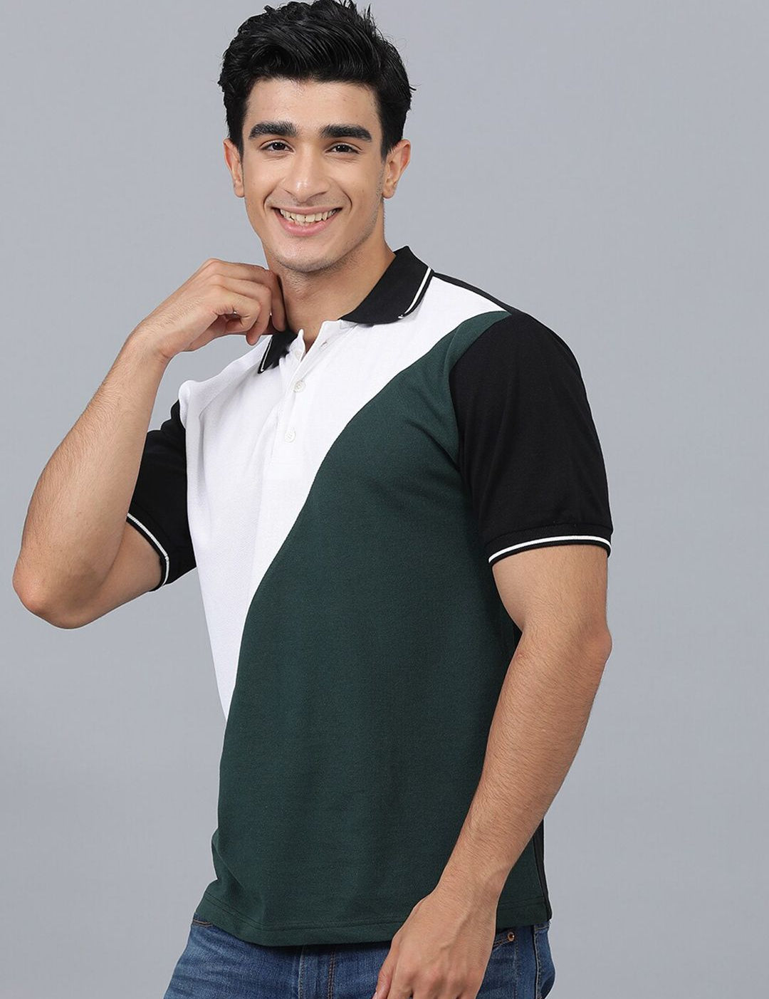 Kotty Colourblocked Polo Collar Regular Fit Cotton T-Shirt