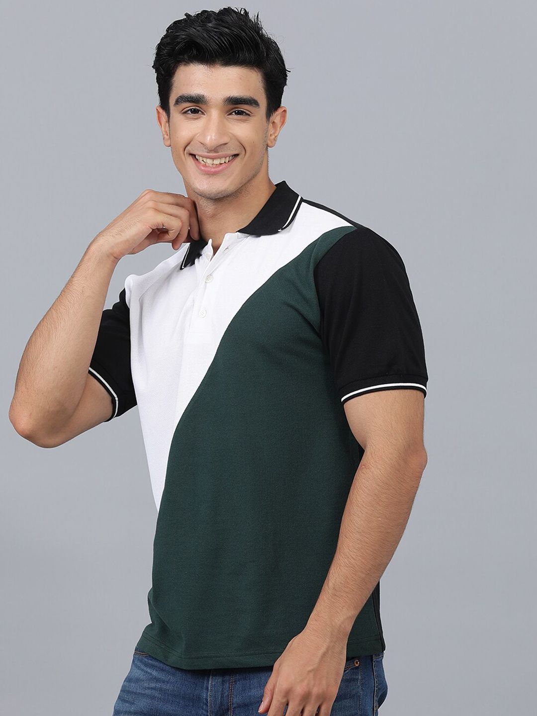 Kotty Colourblocked Polo Collar Regular Fit Cotton T-Shirt