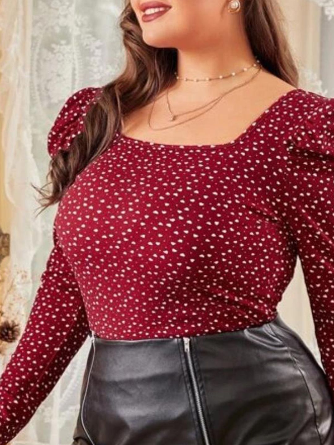 KOTTY Plus Size Polka Dot Printed Puff Sleeve Crepe Top