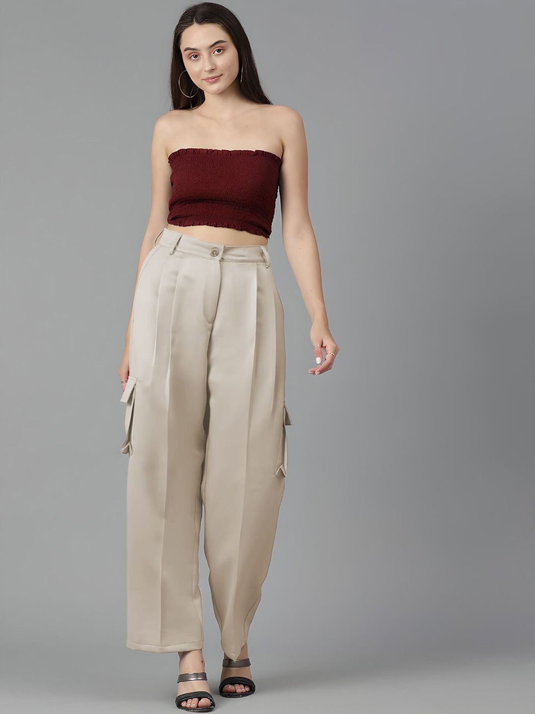 KOTTY BIZwear Women Straight Fit High-Rise Pleated Cargos