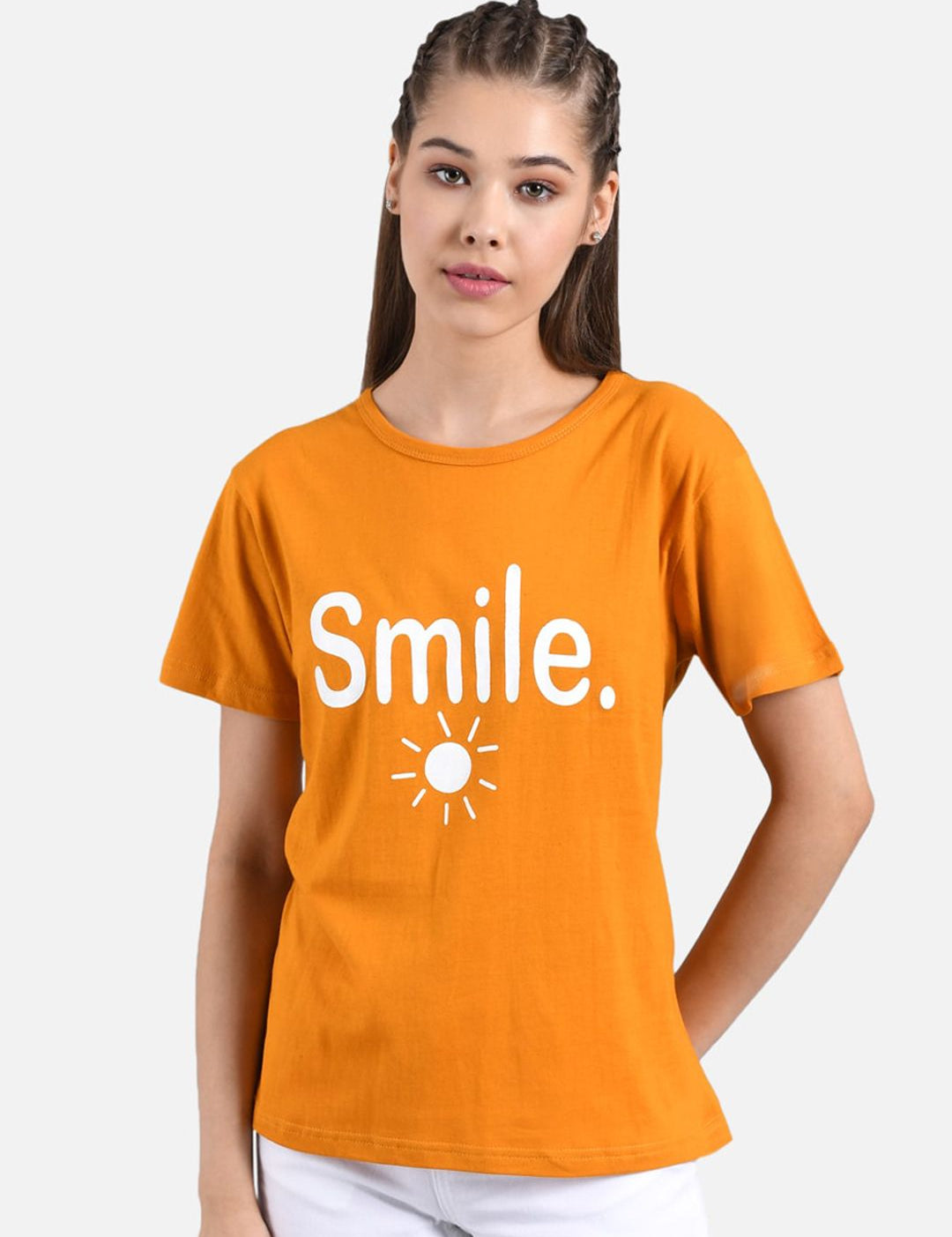 Kotty Women Orange & White Printed Round Neck T-shirt