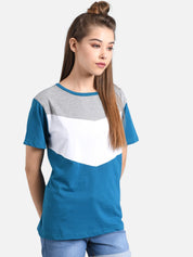 Kotty Women Blue & White Colourblocked Round Neck T-shirt