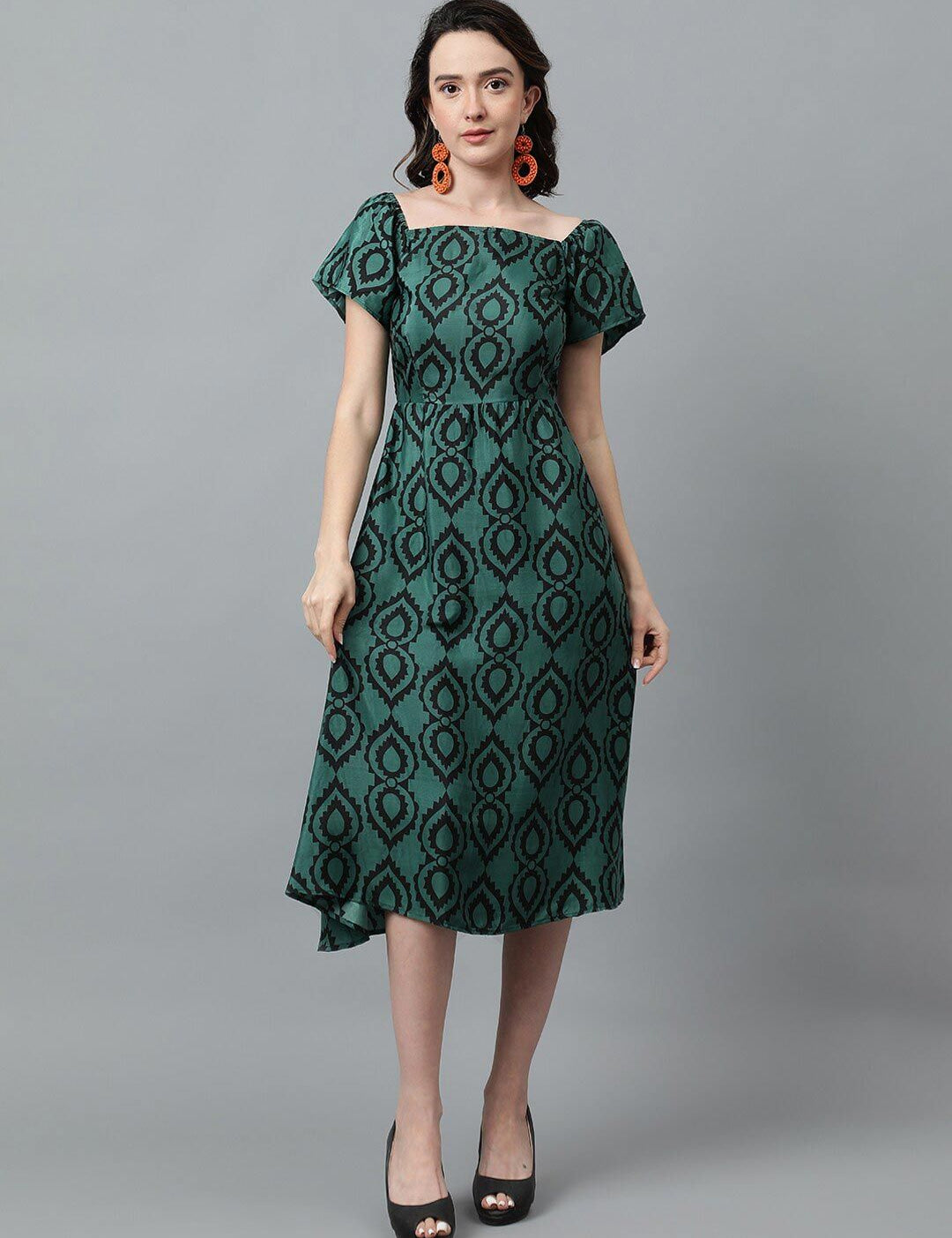 Kotty Green Ethnic Motifs Printed Square Neck Puffed Sleeves Fit & Flare Midi Dress