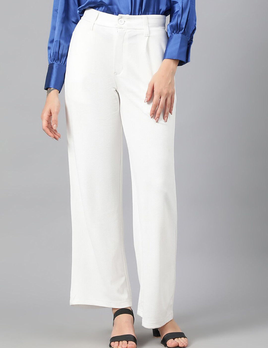Kotty Women White Relaxed Straight Leg Fit High-Rise Easy Wash Pleated Parallel Trousers
