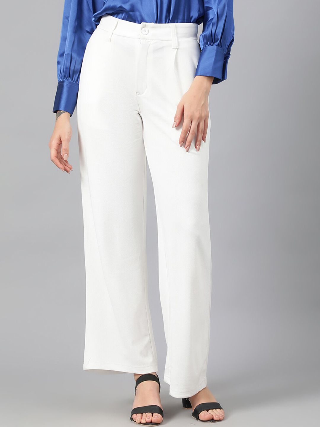 Kotty Women White Relaxed Straight Leg Fit High-Rise Easy Wash Pleated Parallel Trousers
