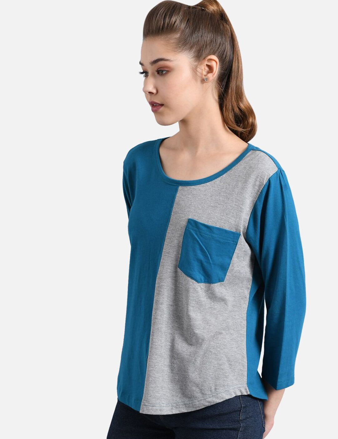 Kotty Women Blue Colourblocked Round Neck T-shirt
