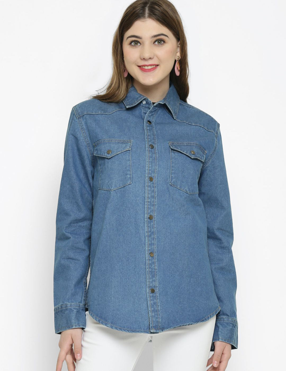 Kotty Women Blue Solid Oversized Longline Denim Jacket