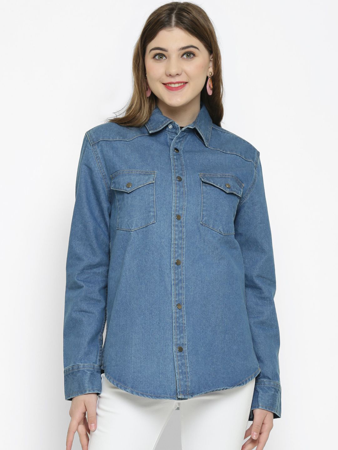 Kotty Women Blue Solid Oversized Longline Denim Jacket