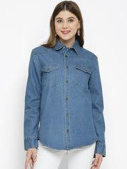 Kotty Women Blue Solid Oversized Longline Denim Jacket