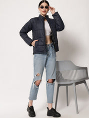 Kotty Women Navy Blue Solid Polyester Puffer Jacket