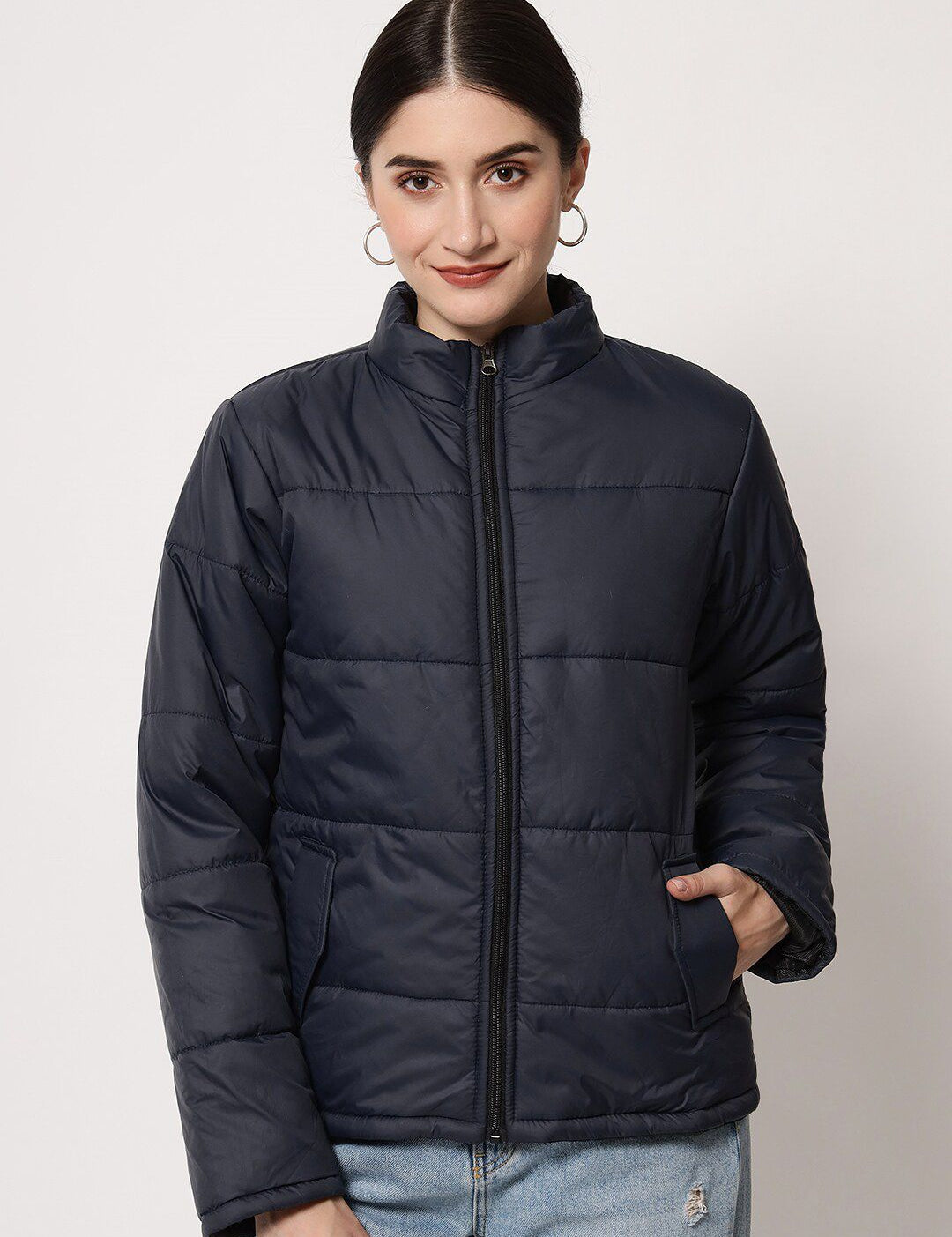 Kotty Women Navy Blue Solid Polyester Puffer Jacket